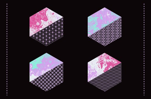 派手マーブルの和柄ヘキサゴン 和柄,ヘキサゴン,六角形,エレメント,模様,和,日本,麻の葉,青海波,七宝のイラスト素材