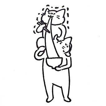 おもちがのびーるねこ(線画) おもち,お雑煮,おしるこ,ねこ,肩車,正月,冬,ゆるかわ,ゆるキャラ,アイコンのイラスト素材