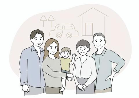 マイホーム前で家族が集合しているイラスト 家族,両親,夫婦,子ども,ママ,パパ,シルバー,年配,3世代,同居のイラスト素材
