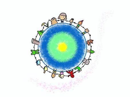 手をとる　おかっぱ おかっぱ,女の子,素朴,子ども,地球,手,握る,平和,人,動物のイラスト素材