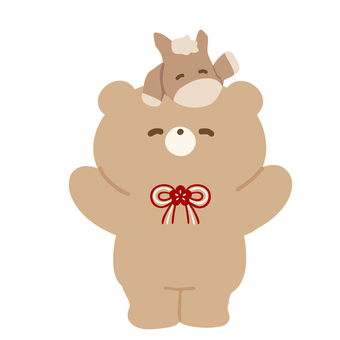 笑顔のくまさんと頭の上にお馬さん くま,動物,かわいい,リボン,馬,午年,ワンポイント,午,単体,笑顔のイラスト素材