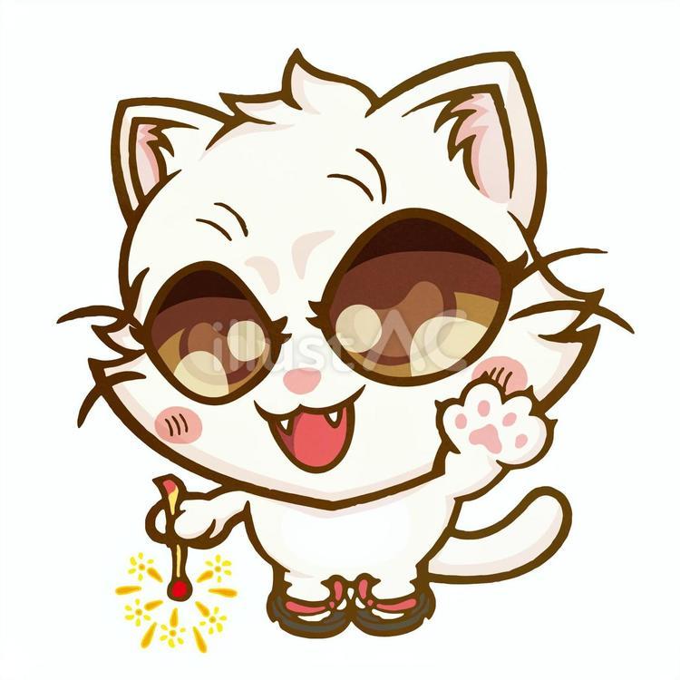 線香花火と白猫 猫,白猫,全身のイラスト素材