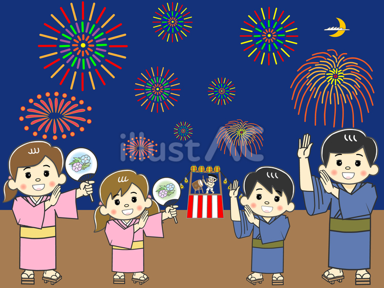 夏祭り花火大会で盆踊りを踊る若い家族 盆踊り,花火大会,夏祭りのイラスト素材
