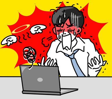 パソコントラブルと若い男性会社員 パソコントラブルと若い男性会社員 男性,パソコン,ノートパソコン,ビジネスマン,仕事,人物,イラスト,スーツ,上半身,pcのイラスト素材