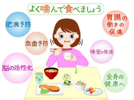 よく噛んで食べることの健康効果　食育素材 食事,女性,食卓,和食,咀嚼,肥満予防,虫歯予防,味覚発達,健康効果,箸のイラスト素材