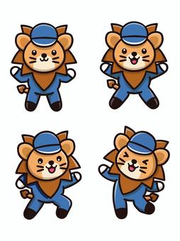 ライオン作業服キャラクターセット-青色 ライオン,作業服,キャップ,キャラクター,帽子,元気,青のイラスト素材