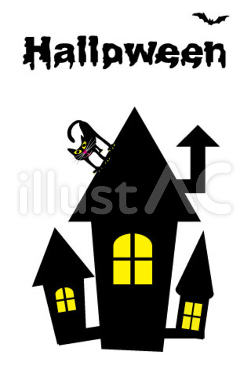ハロウィーンのスプーキーな建物と黒猫 ハロウィーン,建物,お化け屋敷のイラスト素材