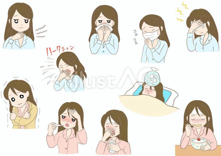 風邪っぽい症状の様々なシーン10場面 風邪,症状,女性のイラスト素材