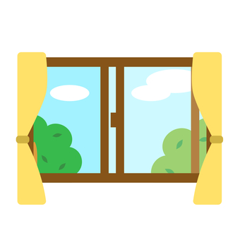 開いている窓　換気　1 窓,開ける,開く,カーテン,黄色,明るい,外,風景,景色,換気のイラスト素材