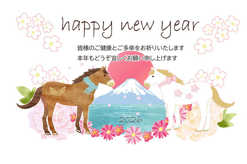 午年年賀　ペアの馬　富士山と初日の出背景