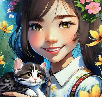 Illustration, kitten, tiger cats, girl, 