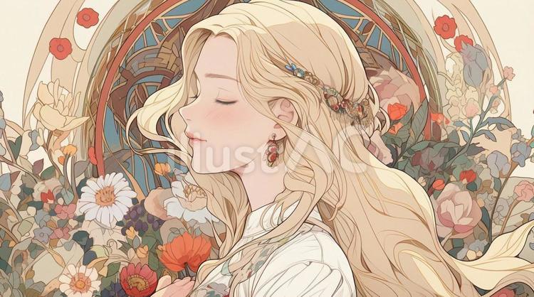 花を背景にした金髪の女性＿アニメキャライラスト - No: 23992987