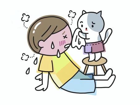 熱中症の男の子と手当てするネコ 熱中症,暑い,猛暑,夏,気温,ネコ,男の子,少年,倒れる,熱射病のイラスト素材