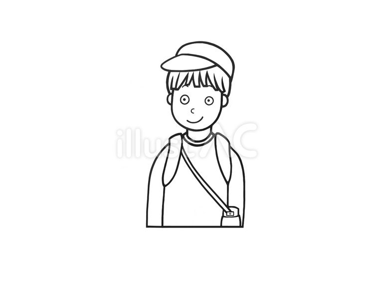 水筒とリュックを持ち遠足に行く小学生男子 少年,長袖,手書きのイラスト素材