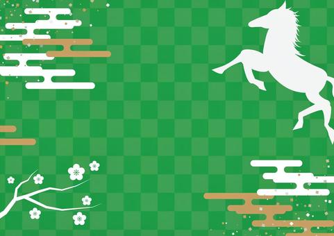 午年の正月のおしゃれな緑色の和風背景素材 正月,午年,和風,和柄,馬,雲,梅,枝,紙吹雪,背景のイラスト素材