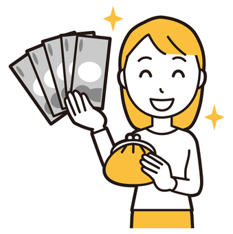  ロングヘア女性(黄)-208-バスト 財布,女性,女の子,人物,かわいい,収入,給料,ボーナス,お札,現金のイラスト素材