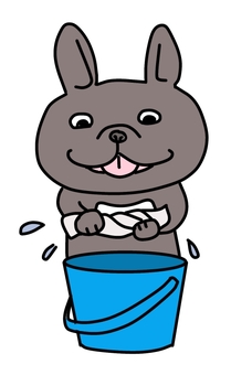 雑巾を絞るフレンチブルドック フレンチブルドック,フレブル,ブリンドル,鼻ぺちゃ犬,かわいい,ゆるい,手描き,ブヒ,雑巾,バケツのイラスト素材