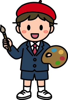 赤のベレー帽の美術の男の子です。 ベレー帽,美術,シンプル,画家,描く,お絵描き,教育,アート,絵画,男の子のイラスト素材