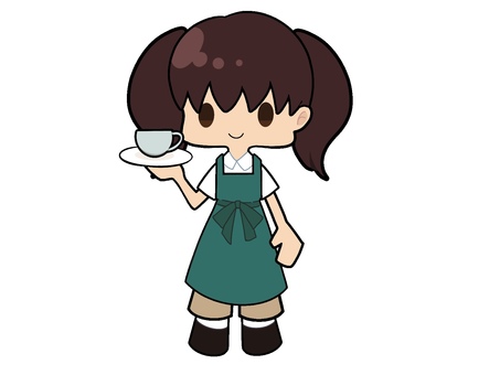 ツインテールの女の子 カフェ店員１ 女の子,かわいい,靴,ツインテール,全身,エプロン,ズボン,コーヒー,カップ,店員のイラスト素材