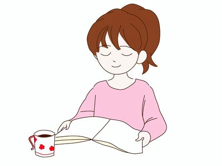 のんびりしている女性 ほのぼの,女性,ゆったり,休日,自分時間,雑誌,コーヒー,ゆるいのイラスト素材