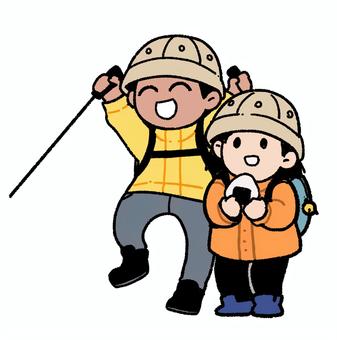 山登りスタイルの男女 山,子供,男女,カップル,登山,アウトドア,手描き,かわいい,楽しい,帽子のイラスト素材