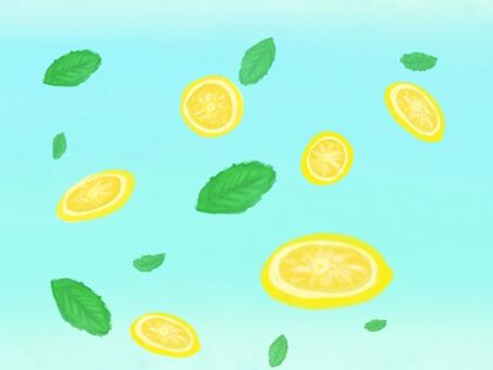 ミントとレモンのイラスト ミント,レモン,爽やか,黄色,水色,グラデーション,緑,ぼかしのイラスト素材