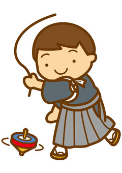 コマ回し-4c コマ回し,正月,遊び,コマ,着物,袴,たすき掛け,草履,足袋,笑顔のイラスト素材