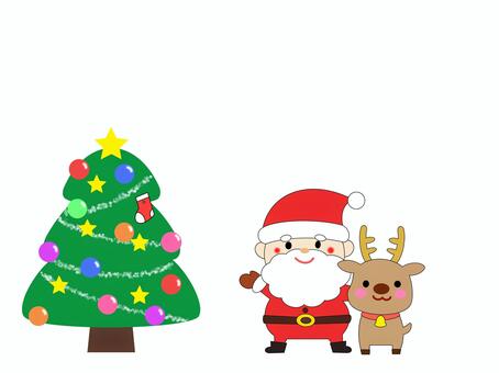 サンタとトナカイとクリスマスツリー クリスマス,サンタクロース,トナカイ,クリスマスツリー,イラスト,かわいい,余白,コピースペース,冬,行事のイラスト素材