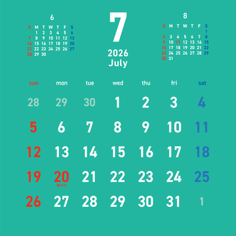 2026カレンダーC3 7月 264 カレンダー,2026年,7月,文月,july,海の日,令和8年,日曜始まり,スケジュール,曜日のイラスト素材