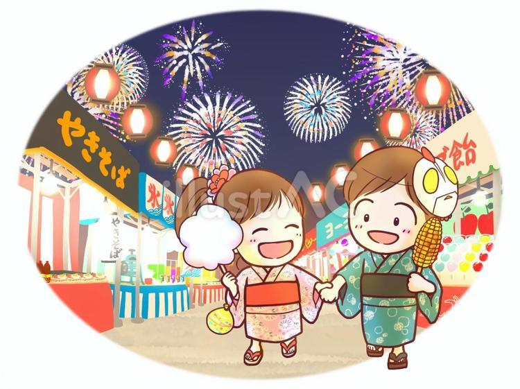 お祭りの屋台を楽しむ子どもたち 祭り,夏祭り,縁日のイラスト素材