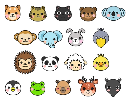動物キャラ18種類セット 表情,イヌ,ネコ,クロネコ,クマ,コアラ,サル,ゾウ,ウサギ,ハシビロコウのイラスト素材