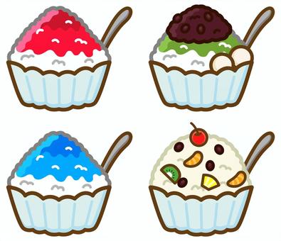 かき氷4種類 かき氷,氷菓,氷,アイス,スイーツ,デザート,おやつ,シロップ,イチゴ味,宇治金時のイラスト素材