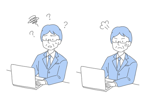 IT化に苦戦する上司 ビジネス,男性,ベテラン,シニア,高齢者,会社員,パソコン,pc作業,困る,悩むのイラスト素材