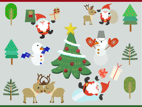 クリスマスあしらいセット クリスマス,サンタ,トナカイ,ツリー,プレゼント,スノーマン,樹木,かわいい,あしらい,素材のイラスト素材