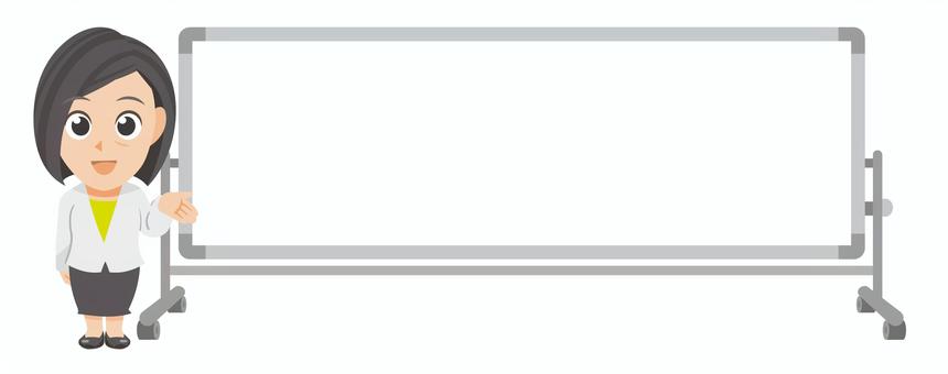 白板傍で手で促す年配ビジネス女性のSD① 先生,教師,教員,指導員,スーツ,仕事着,ビジネス,会社,社会人,促すのイラスト素材