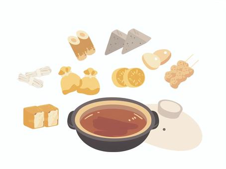 おでん具材セット おでん,土鍋,卵,大根,つくね,ちくわ,こんにゃく,しらたき,厚揚げ,もち巾着のイラスト素材