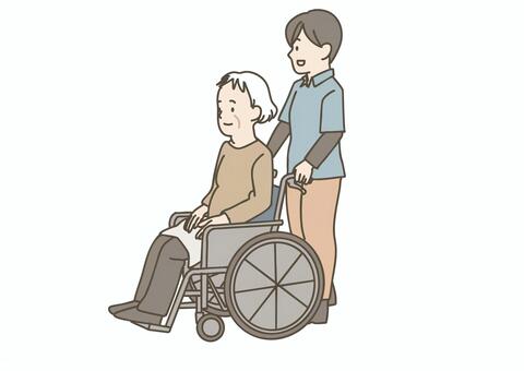 車椅子を押す介護士と高齢者（散歩・笑顔） 介護士,高齢者,シニア,車椅子,車イス,散歩,介護,介助,福祉,医療のイラスト素材