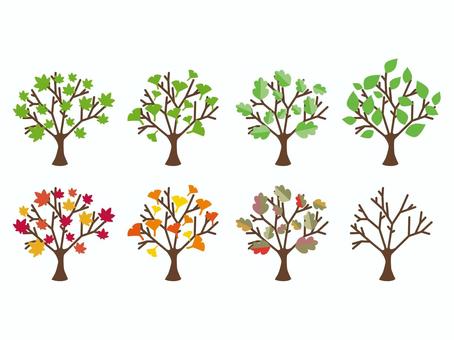 緑の葉と紅葉した木のイラストセット4種類 木,葉,枝,緑,紅葉,赤,黄色,四季,季節,春のイラスト素材