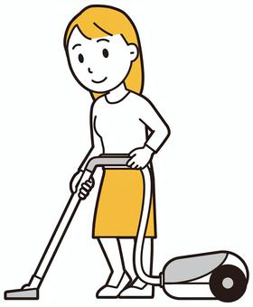  ロングヘア女性(黄)-261-全身 掃除,女性,女の子,人物,かわいい,家事,クリーニング,清掃,掃除機,床掃除のイラスト素材