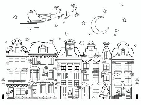 クリスマスの夜の街並み クリスマスの夜の街並み クリスマス,線画,塗り絵,大人向け,街並み,平面,月,星,雪,サンタクロースのイラスト素材