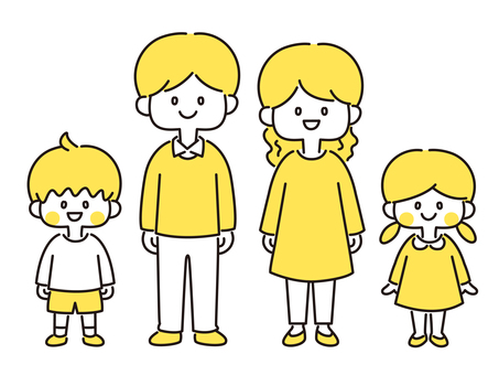横並びの4人家族_全身（黄色）  家族,親子,全身,お父さん,お母さん,子ども,両親,夫,妻,息子のイラスト素材