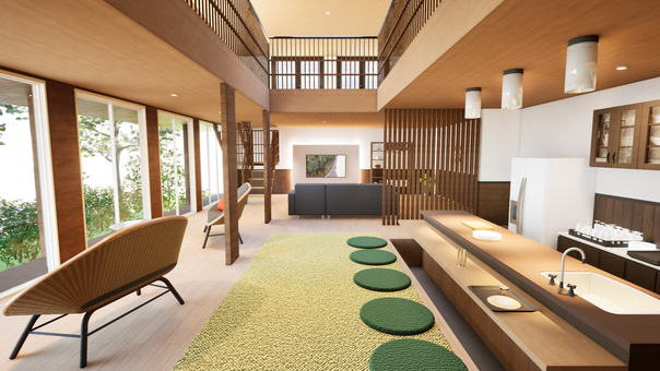 和モダン住宅（リビングダイニング・昼景） 3d,背景素材,cad,trpg,動画背景,和モダン住宅,リビングダイニング,キッチン,ソファ,円座のイラスト素材