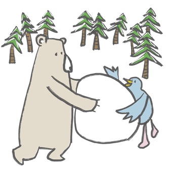 雪だるまを作るシロクマと青い鳥のイラスト シロクマ,青い鳥,鳥,クマ,雪だるま,雪遊び,雪,冬,冬景色,雪玉のイラスト素材