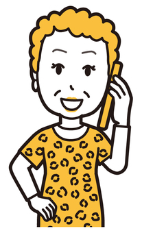  大阪のおばちゃん(黄)-098-バスト スマホ,おばちゃん,大阪,ヒョウ柄,おばはん,中年,女性,関西,派手,おばさんのイラスト素材