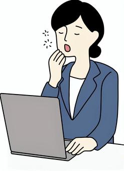 パソコン作業する女性　黒髪　あくび パソコン,タイピング,デスクワーク,仕事,テレワーク,在宅勤務,オンライン,会社員,大人,日本人のイラスト素材