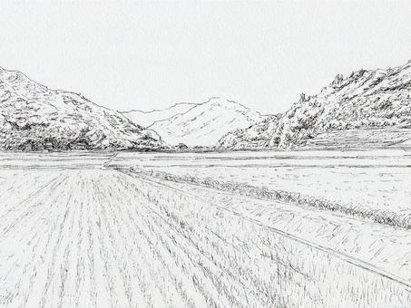 雄大な風景 風景画,風景,スケッチ,ペンスケッチ,ペン画,線画,白黒,モノクロ,田んぼ,稲穂のイラスト素材