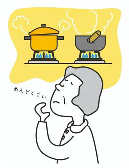 料理をするのが面倒と感じる高齢女性 ご飯,料理,調理,台所,立つ,疲れる,疲労,だるい,面倒,めんどくさいのイラスト素材