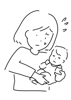 元気のない赤ちゃんを心配　線画 赤ちゃん,異常,母親,びっくり,線画のイラスト素材