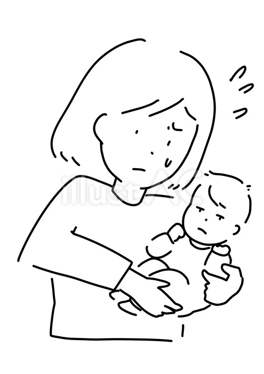 元気のない赤ちゃんを心配　線画 赤ちゃん,異常,母親のイラスト素材