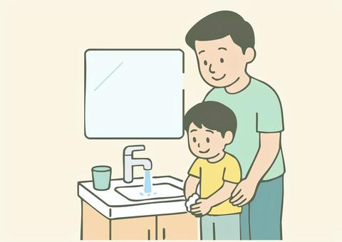 親子の手を洗う衛生習慣 親,子ども,男性,親子,手洗い,洗面所,清潔,習慣,家庭,教育のイラスト素材